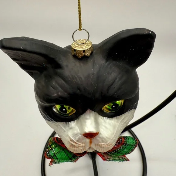 Festive Christmas Cat / Kitty Ornament with Plaid Bow and Bell - Picture 5 of 7